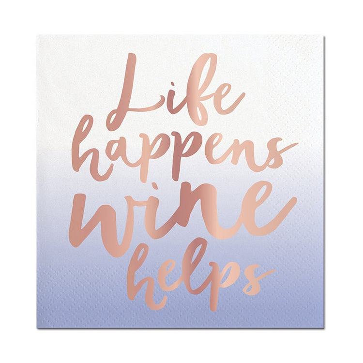 Life Happens, Wine Helps Cocktail Napkins, Set of 20 Rose Gold Foil and Ombre Lavender Napkins, Funny Wine Napkins - Cohasset Party Supply