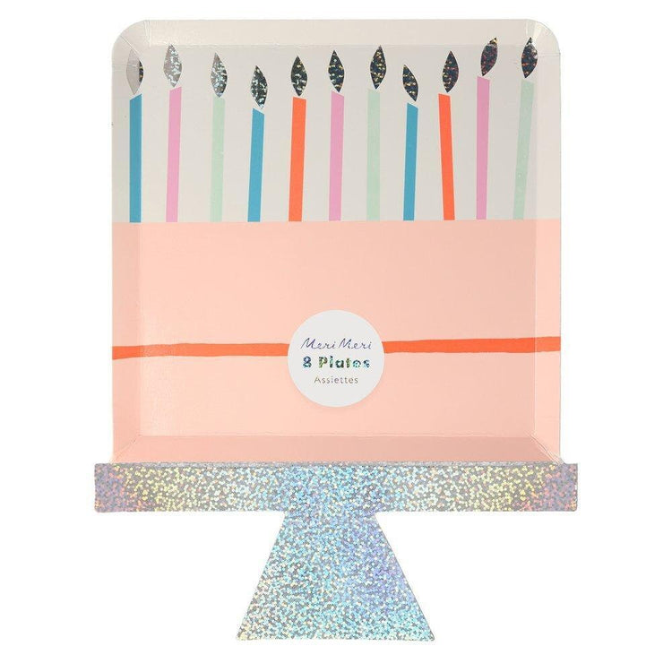 Birthday Cake Paper Plates, Set of 8 Die-Cut Birthday Cake Party Plates with Silver Sparkle Foil Details by Meri Meri - Cohasset Party Supply