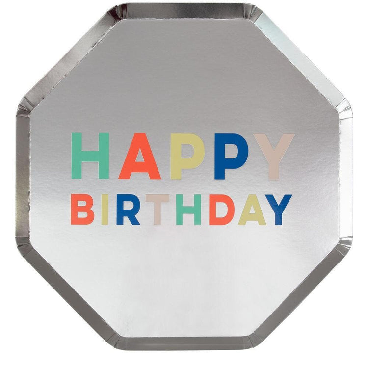 Happy Birthday Silver Dinner Plates, Set of 8 Meri Meri Large Silver Foil Paper Plates with Colorful Happy Birthday Text, 10" x 10" - Cohasset Party Supply