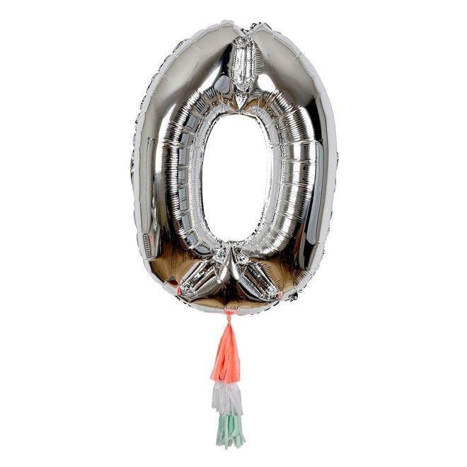 Number Birthday Balloons, Large Silver Number Balloons with 3 Decorative Colorful Tissue Tassels by Meri Meri, 0-9 - Cohasset Party Supply
