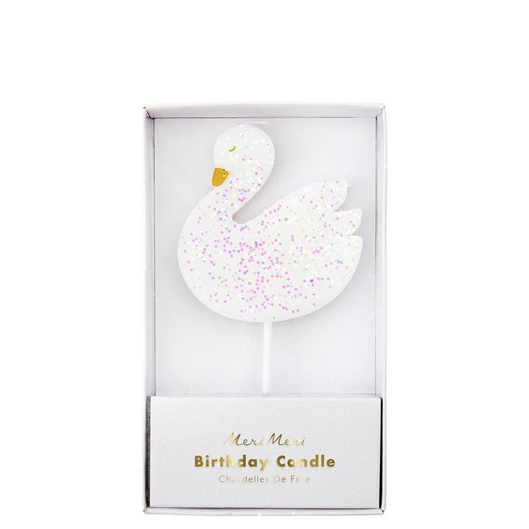 Swan Birthday Candle, Large White Swan Candle with Iridescent Glitter and Gold Foil Details - Cohasset Party Supply