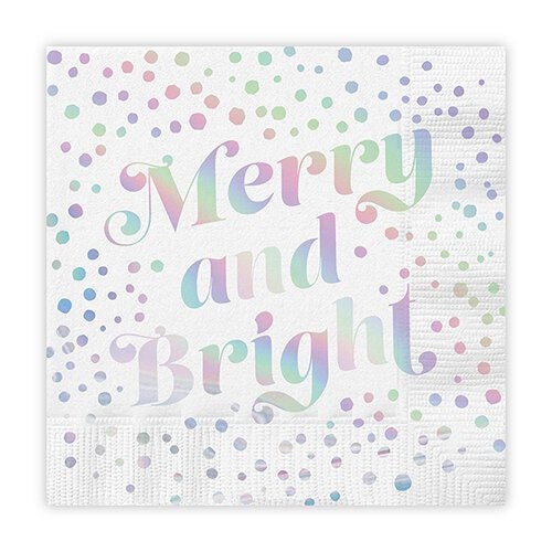 Merry and Bright Cocktail Napkins with Holographic Foil Details, Set of 20 Festive Christmas Napkins - Cohasset Party Supply