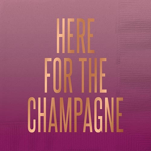 Champagne Cocktail Napkins, Set of 20 Purple Ombre Beverage Napkins With Gold Foil Lettering: "Here for the Champagne" - Cohasset Party Supply