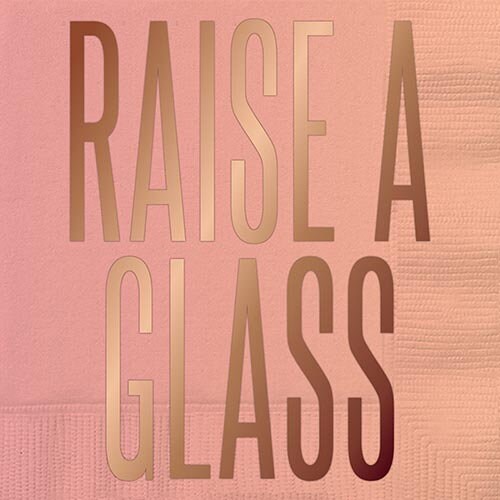 Raise a Glass Cocktail Napkins, Set of 20 Pink and Orange Ombre Beverage Napkins With Gold Foil Lettering - Cohasset Party Supply