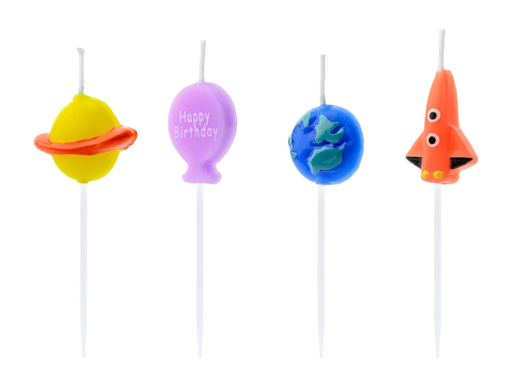 Space Birthday Candles, Set of 4 Mini Space-Themed Birthday Candles Including Planets, a Rocket, and a Balloon - Cohasset Party Supply