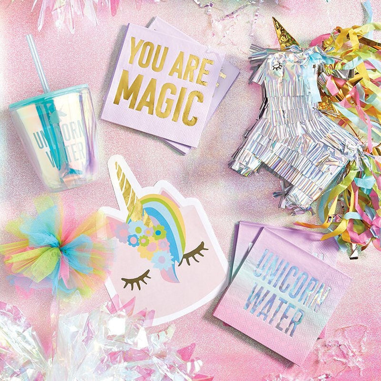 Unicorn Water Napkins, Set of 20 Unicorn-Themed Ombre Cocktail Napkins with Silver Foil Details - Cohasset Party Supply