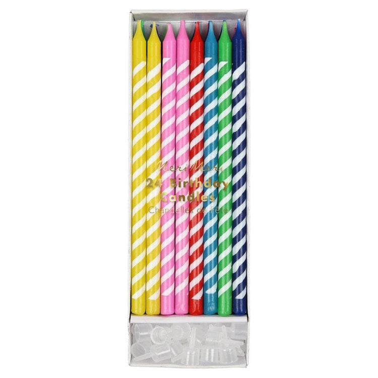 Meri Meri Bright Party Candles - Set of 24 Large Birthday Candles in Pink, Green, Blue, Yellow, Red, and Navy - Cohasset Party Supply