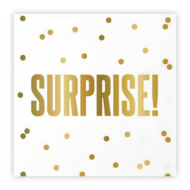 Surprise Napkins, Set of 20 Cocktail Napkins from Slant Collections with Gold Foil Lettering and Polka Dots - Cohasset Party Supply