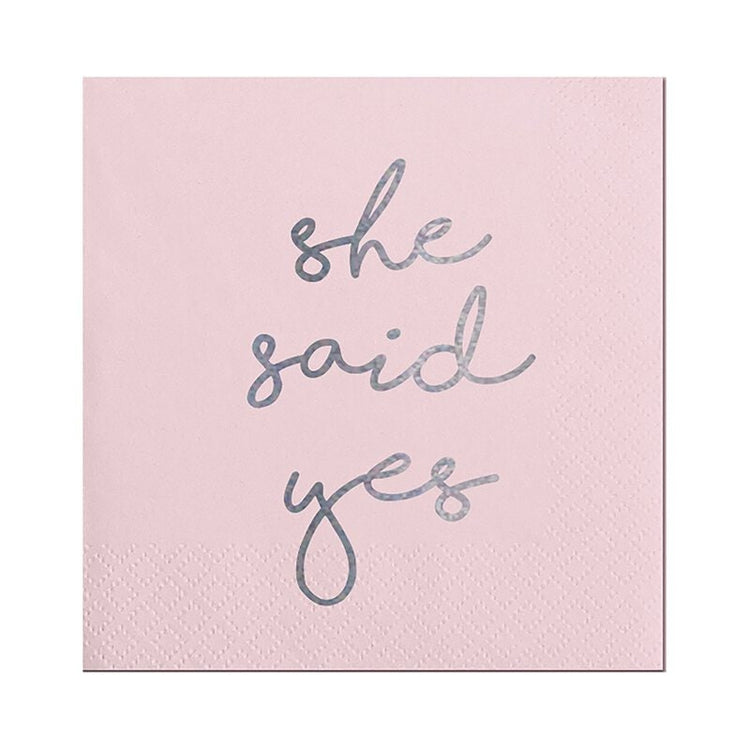 Bridal Shower Cocktail Napkins, Set of 20 Light Pink Beverage Napkins With Silver Foil Lettering: "She Said Yes" - Cohasset Party Supply