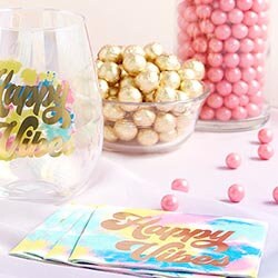 Happy Waves Cocktail Napkins, Set of 20 Tie-Dye Napkins with Gold Foil Lettering - Cohasset Party Supply