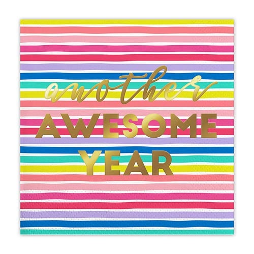 Another Awesome Year Cocktail Napkins, Set of 20 Rainbow Stripe Birthday Napkins with Gold Foil Text - Cohasset Party Supply