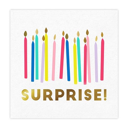 Surprise Napkins, Set of 20 Colorful Birthday Candle Cocktail Napkins from Slant Collections with Gold Foil Lettering - Cohasset Party Supply
