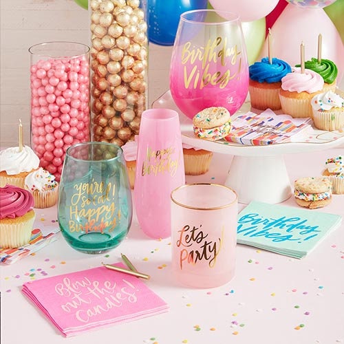 Blow Out the Candles! Set of 20 Bright Pink Birthday Cocktail Napkins with Light Pink Lettering - Cohasset Party Supply