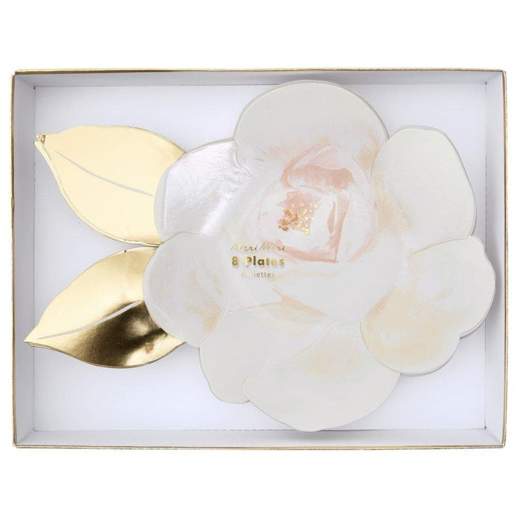 White Rose Garden Plates, Set of 8 Large Flower Paper Plates with Gold Leaves by Meri Meri - Cohasset Party Supply