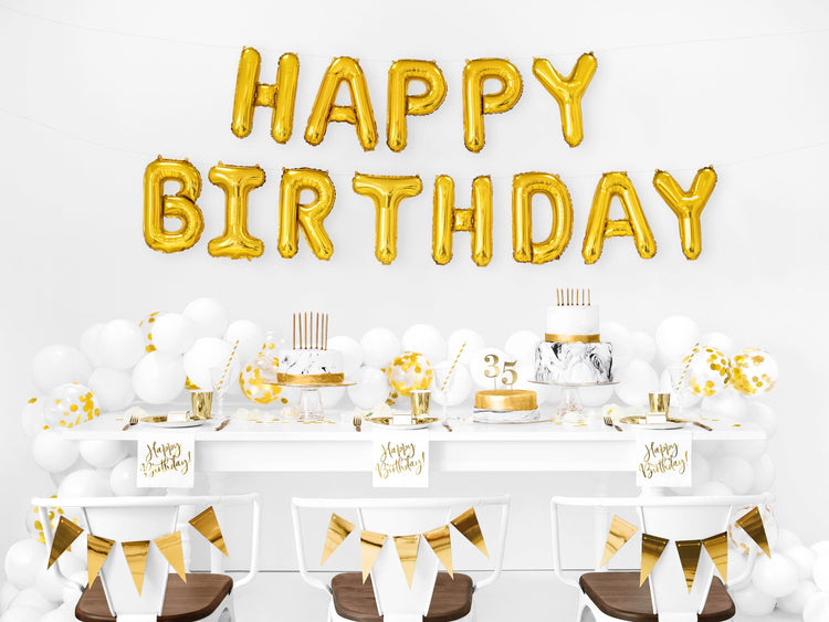 Gold Happy Birthday Balloon Letters with 14" Balloons, Birthday Ballon Kit Includes 13 Mylar Balloons - Cohasset Party Supply
