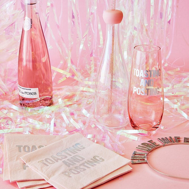 Wedding Cocktail Napkins, Set of 20 Light Pink Beverage Napkins With Iridescent Foil Lettering: "Toasting and Posting" - Cohasset Party Supply