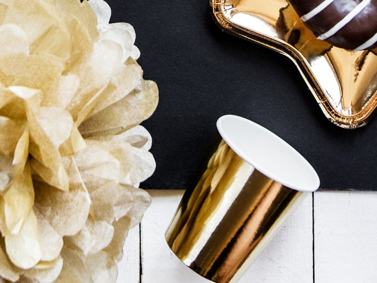 Small Gold Party Cups, Set of 6 Shiny Gold Paper Cups, Holds6 Ounces - Cohasset Party Supply