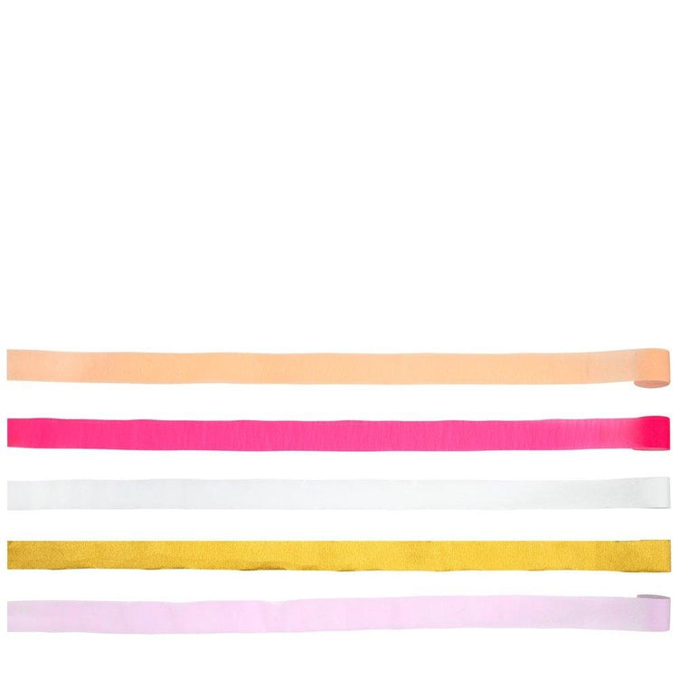 Pink Crepe Paper Streamers, Set of 5 Rolls of Pretty Pink and Gold Streamers by Meri Meri, Each Roll is 33" - Cohasset Party Supply