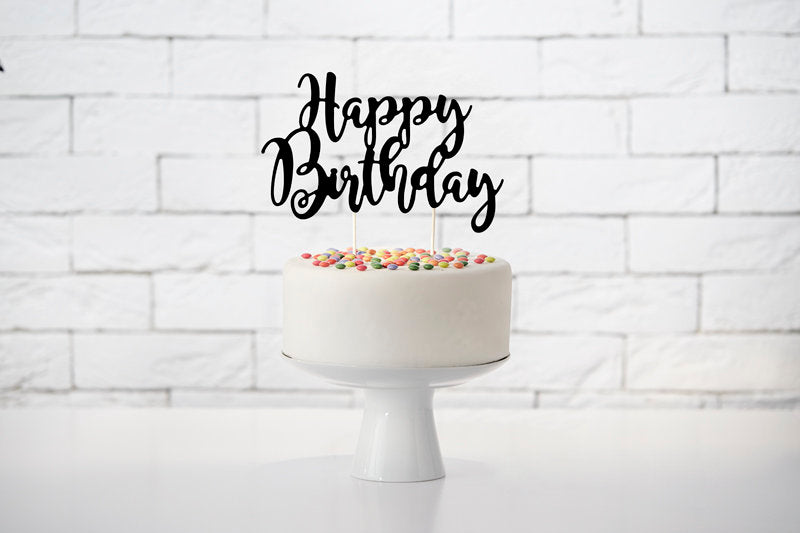 Black Happy Birthday Topper, Black Happy Birthday Cake Pick with Cursive  Text for Birthday Cake, 8 Tall