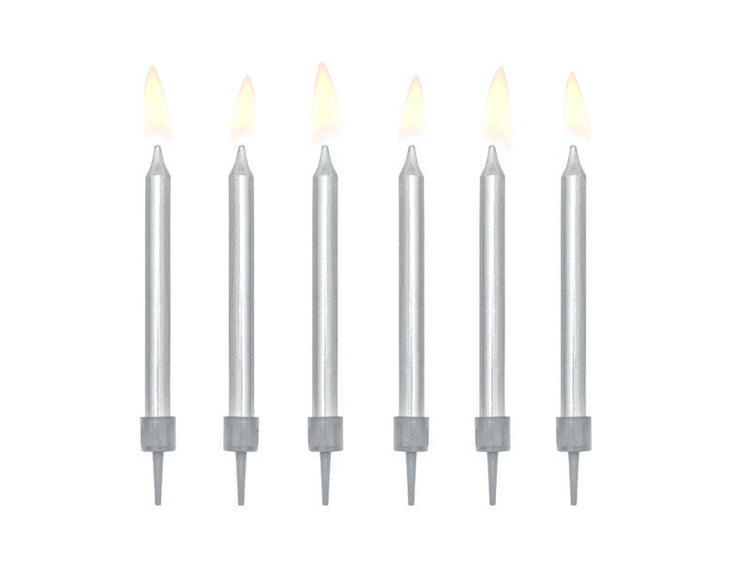 Silver Birthday Candles, Set of 6 Birthday Candles and Holders, 2.3" Tall - Cohasset Party Supply