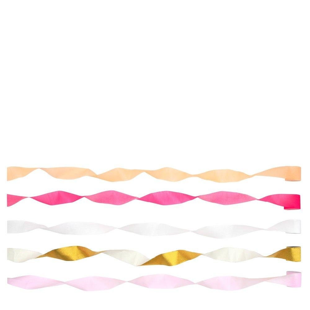 Pink Crepe Paper Streamers, Set of 5 Rolls of Pretty Pink and Gold
