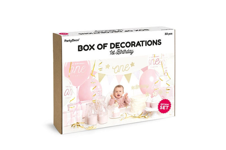 Pink and Gold 1st Birthday Kit, Includes 2 Garlands, 6 Cupcake Toppers & 6 Wrappers, 1 Cake Topper, 10 Straws, 6 Balloons, and 1 Streamer - Cohasset Party Supply