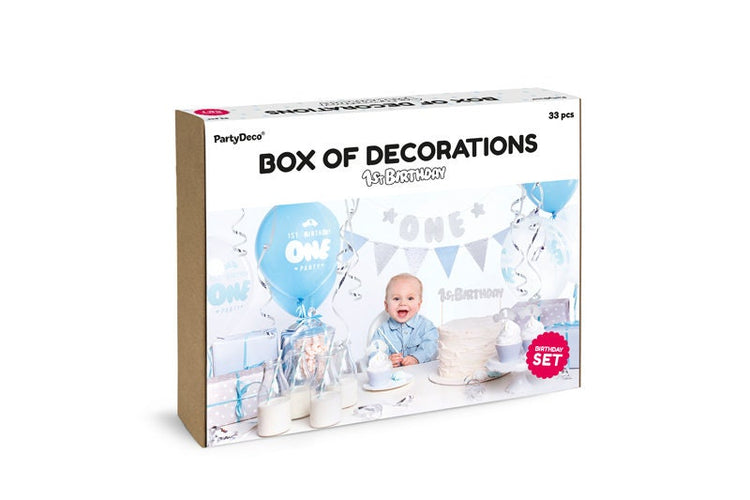 Blue and SiIver 1st Birthday Kit, Includes 2 Garlands, 6 Cupcake Toppers & 6 Wrappers, 1 Cake Topper, 10 Straws, 6 Balloons, and 1 Streamer - Cohasset Party Supply