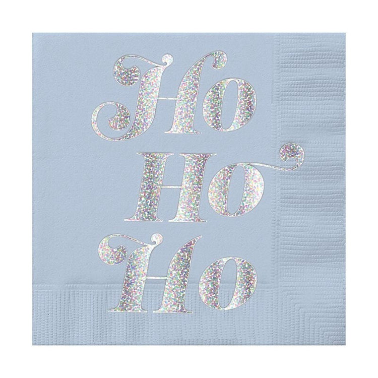 Ho Ho Ho Cocktail Napkins, Set of 20 Blue Christmas Napkins with Holographic Foil Text - Cohasset Party Supply