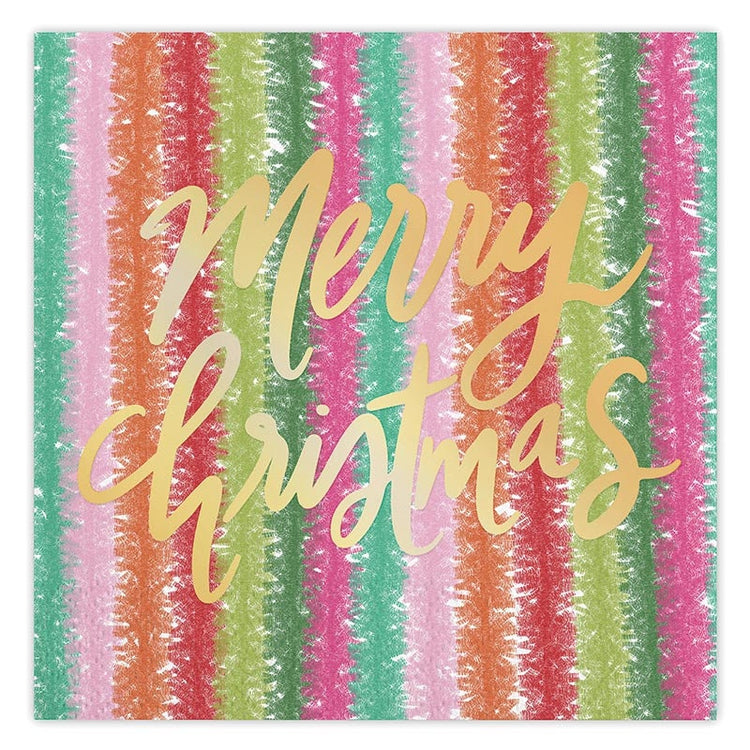 Merry Christmas Cocktail Napkins, Set of 20 Red Beverage Napkins With Gold Foil Lettering on a Garland Background Print - Cohasset Party Supply