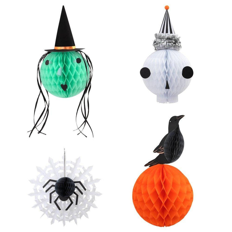 Honeycomb Halloween Decor, Set of 4 Meri Meri Vintage Halloween Honeycomb Heads, Includes Witch, Pumpkin, Skull, and Spider Designs - Cohasset Party Supply