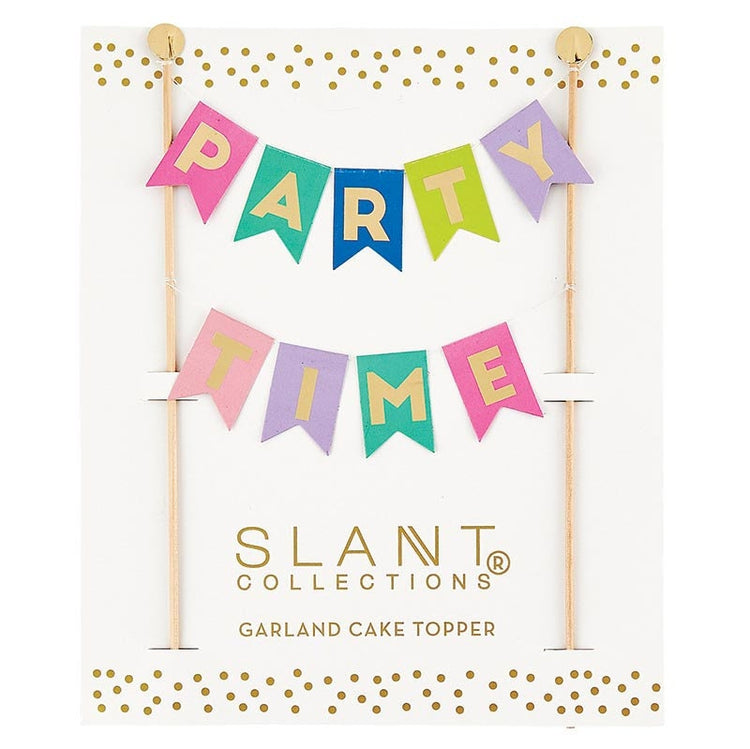 Party Time Garland Cake Flags, Charming Cake Topper with Gold Foil Details and Festive Pastel Garland - Cohasset Party Supply