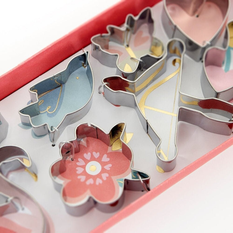 Valentine Mini Cookie Cutters, Set of 8 Meri Meri Valentine's Day Cookie Cutters including Hearts, Flowers, Birds, and a Bow & Arrow - Cohasset Party Supply