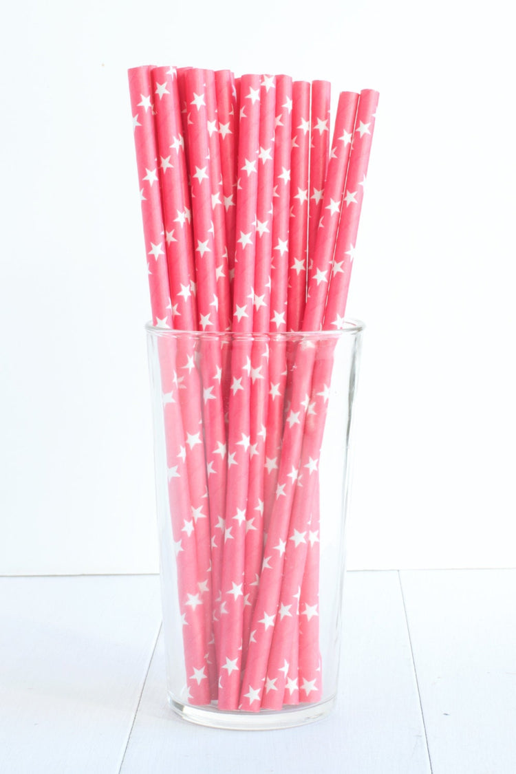 Bright Pink Star Paper Straws, Set of 25 Paper Straws, White Stars on a Bright Pink Background - Cohasset Party Supply