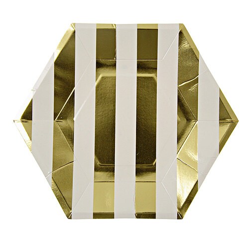 Gold and White Striped Paper Plates, Set of 8 Hexagon-Shaped Shiny Gold Foil Plates, 9" x 9" - Cohasset Party Supply