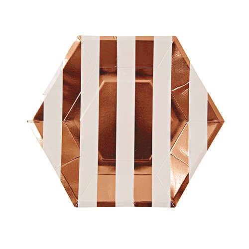 Rose Gold and White Hexagon Small Paper Plates, Set of 8 Shiny Rose Gold Striped Hexagon Plates, 9" x 9" - Cohasset Party Supply