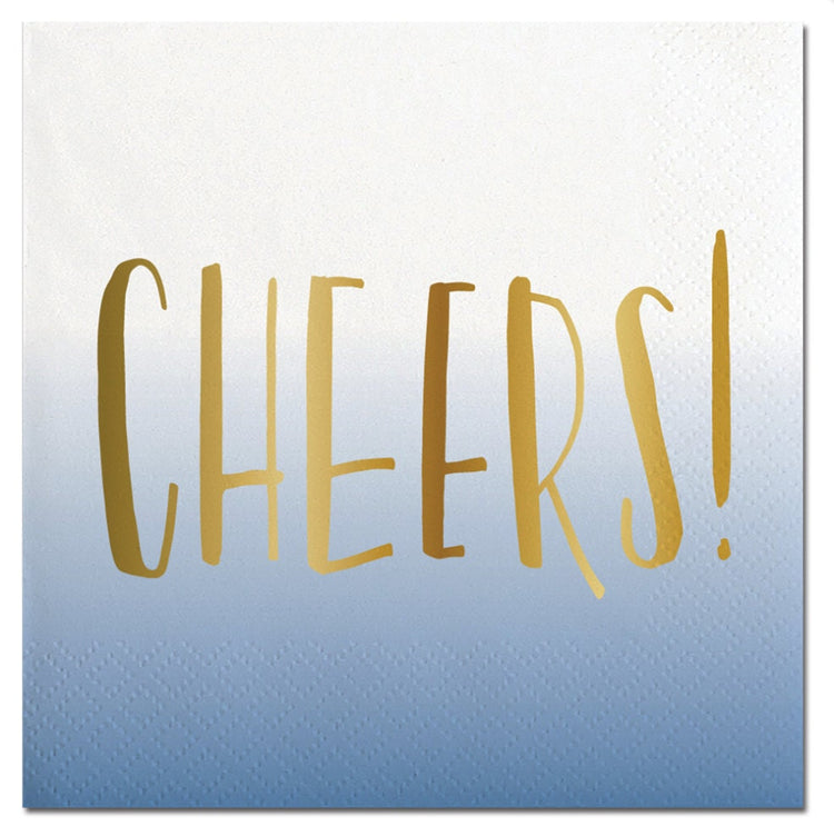 CHEERS! Cocktail Napkins, Set of 20 Gold Foil Beverage Napkins With Blue Ombre Background - Cohasset Party Supply