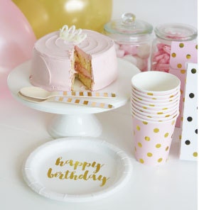 Pink Party Plates with Gold Polka Dots, Set of 12 Pink and Gold Paper Plates, 9" x 9" - Cohasset Party Supply