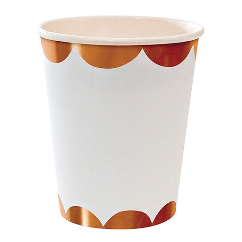 Rose Gold Party Cups, Set of 8 Paper Cups with Rose Gold Foil Scallop Band - Cohasset Party Supply