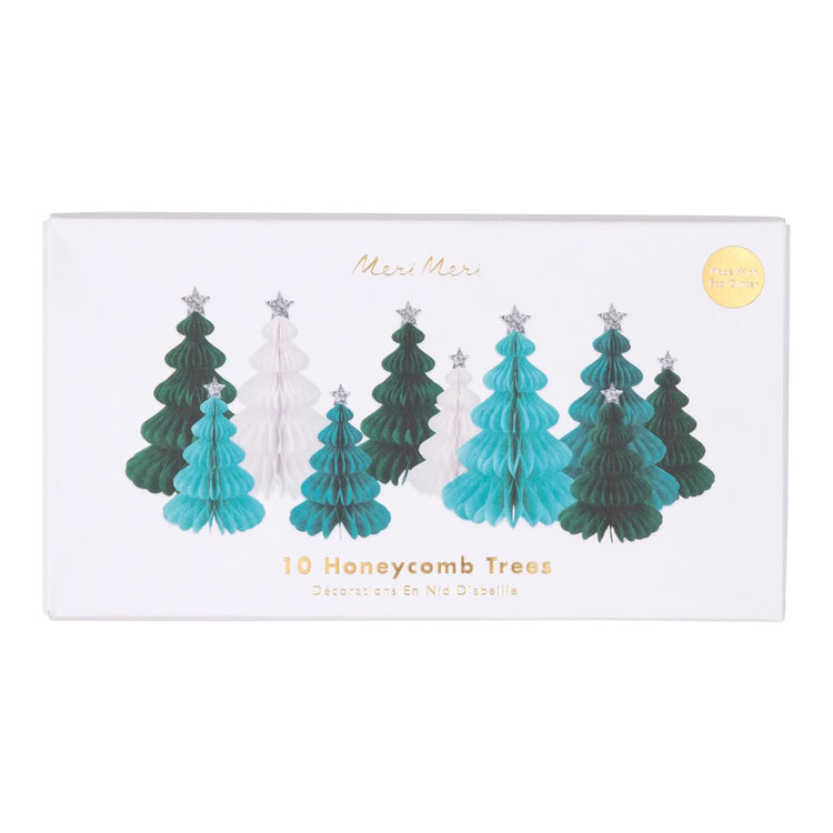 Green Forest Honeycomb Decorations, Set of 10 Meri Meri Honeycomb Christmas Trees in Various Sizes and Shades of Green - Cohasset Party Supply