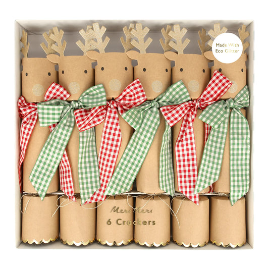 Christmas Gingham Bow Reindeer Crackers, Set of 6 Meri Meri Reindeer Crackers, Fun Christmas Party Favors and Stocking Stuffers! - Cohasset Party Supply