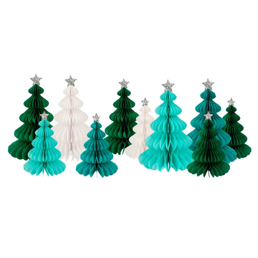 Green Forest Honeycomb Decorations, Set of 10 Meri Meri Honeycomb Christmas Trees in Various Sizes and Shades of Green - Cohasset Party Supply