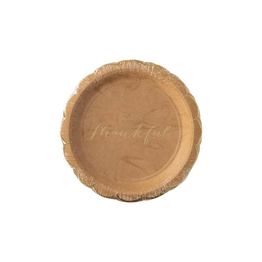 Harvest Scallop Kraft Plate, Set of 8 Rustic Thanksgiving Plates from My Mind's Eye with "Thankful" Gold Foil Text and Scalloped Edge, 9 Inch Diameter