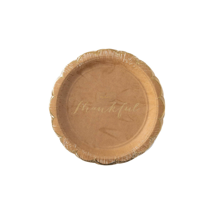 Harvest Scallop Kraft Plate, Set of 8 Rustic Thanksgiving Plates from My Mind's Eye with "Thankful" Gold Foil Text and Scalloped Edge, 9 Inch Diameter