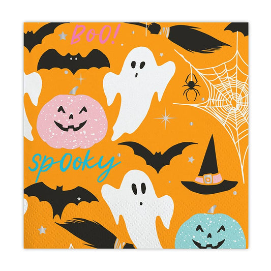 Halloween Cocktail Napkins, Set of 20 Orange Halloween Napkins with Ghost, Bat, Witch Hat, Spider, and Broom Design