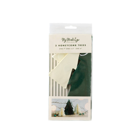 Green & Cream Honeycomb Trees, Beautiful Christmas Decor, Set of 3 Paper Honeycomb Trees
