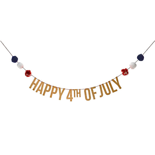 4th of July Pompom Garland Pennant Set by Meri Meri, Includes Wooden Lettering and Pom Pots, 6 Feet Long - Cohasset Party Supply