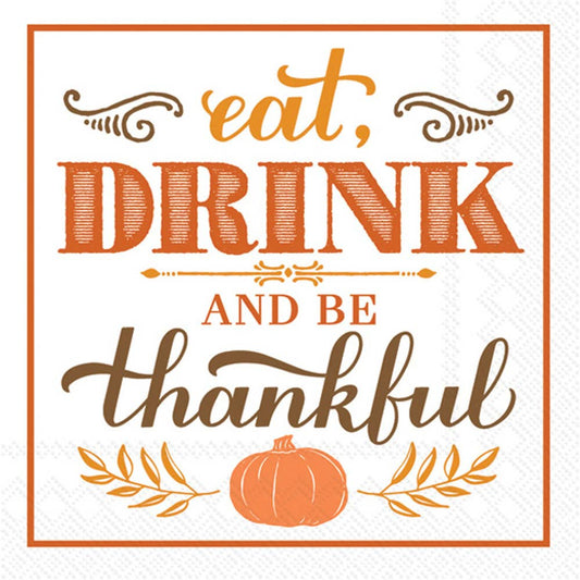 Eat Drink Be Thankful Fall Autumn, Thanksgiving Paper Cocktail Napkin, 20Ct