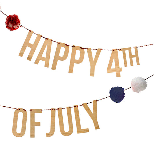 4th of July Pompom Garland Pennant Set by Meri Meri, Includes Wooden Lettering and Pom Pots, 6 Feet Long - Cohasset Party Supply