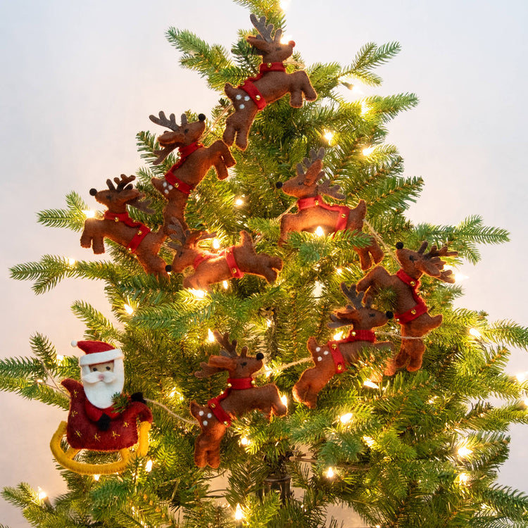 Santa with Sleigh and 8 Reindeer Felt Garland, Adorable 54"  Christmas Garland From the Winding Road
