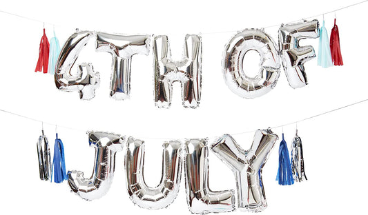 4th of July Balloon Garland Kit, Features 9 Silver Foil Balloons and 8 Tassels by Meri Meri, 18' Long - Cohasset Party Supply